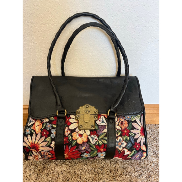 Women's Patricia Nash Black Multi-color Floral Tapestry Leather Satchel One Size - Picture 1 of 9